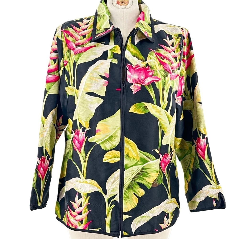 Silkland blazer XL multicolored 100% silk floral beaded tropical lightweight